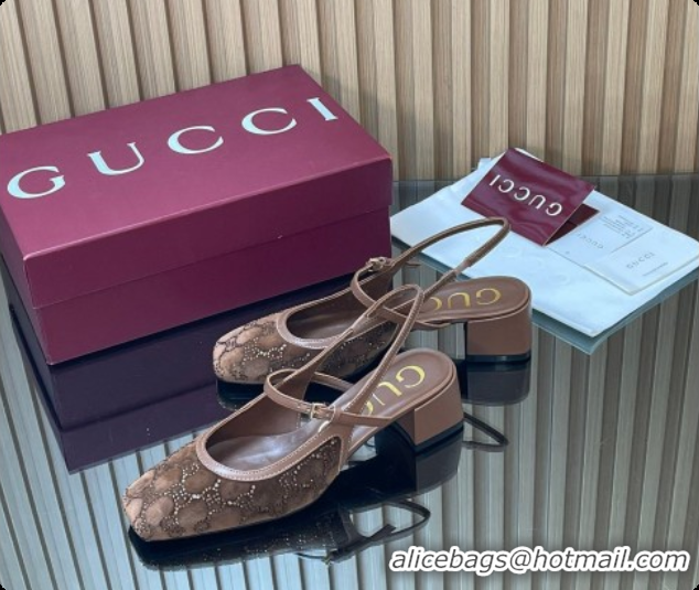 Top Grade Gucci Strass and Velvet Slingbacks Pump 5.5cm with Strap Brown 2026 GG030507