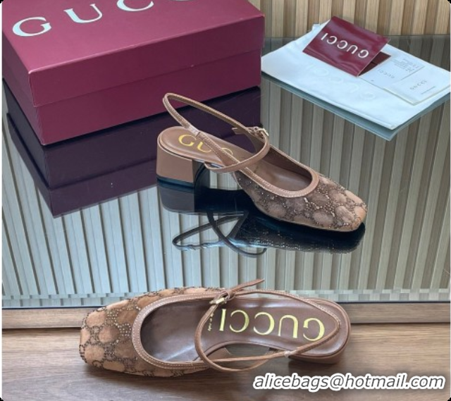 Top Grade Gucci Strass and Velvet Slingbacks Pump 5.5cm with Strap Brown 2026 GG030507