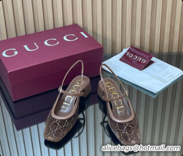 Top Grade Gucci Strass and Velvet Slingbacks Pump 5.5cm with Strap Brown 2026 GG030507