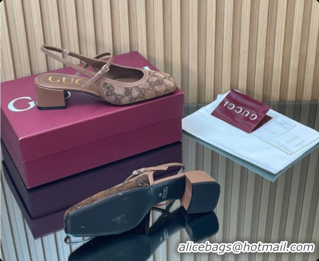 Top Grade Gucci Strass and Velvet Slingbacks Pump 5.5cm with Strap Brown 2026 GG030507