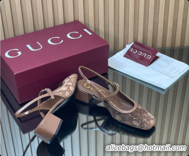 Top Grade Gucci Strass and Velvet Slingbacks Pump 5.5cm with Strap Brown 2026 GG030507