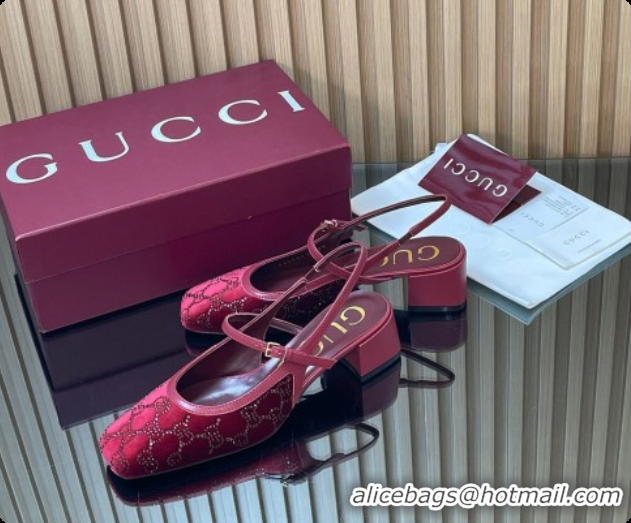 Charming Gucci Strass and Velvet Slingbacks Pump 5.5cm with Strap Red 2026 GG030507