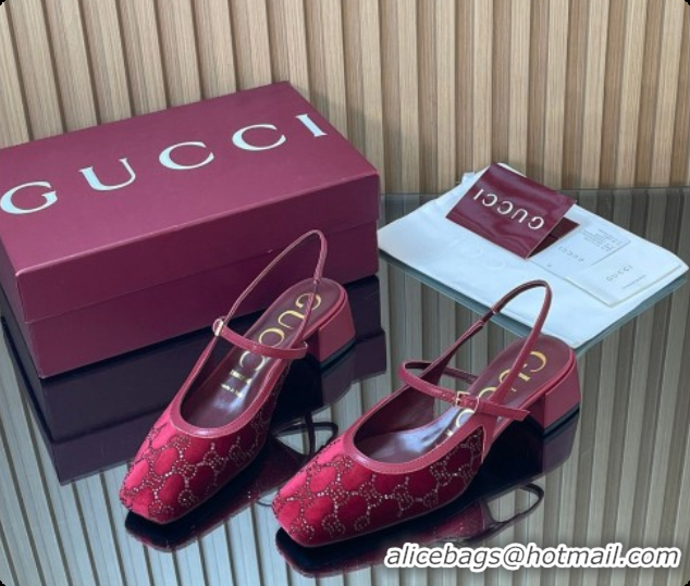 Charming Gucci Strass and Velvet Slingbacks Pump 5.5cm with Strap Red 2026 GG030507