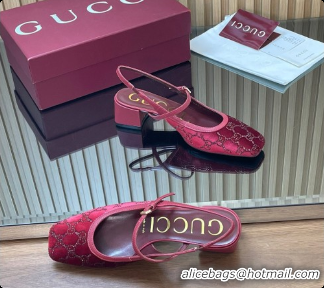 Charming Gucci Strass and Velvet Slingbacks Pump 5.5cm with Strap Red 2026 GG030507