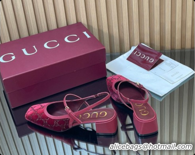 Charming Gucci Strass and Velvet Slingbacks Pump 5.5cm with Strap Red 2026 GG030507
