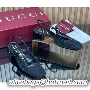 Top Grade Gucci GG Strass Mesh Slingbacks Pump 5.5cm with Strap Black 2026 GG030507