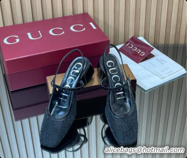 Top Grade Gucci GG Strass Mesh Slingbacks Pump 5.5cm with Strap Black 2026 GG030507