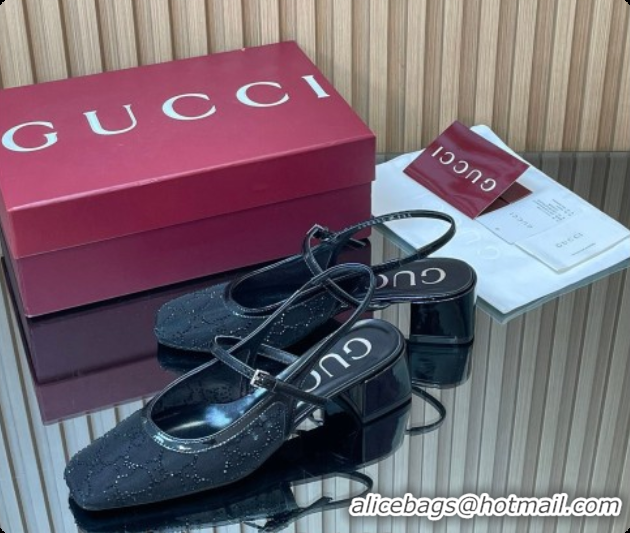 Top Grade Gucci GG Strass Mesh Slingbacks Pump 5.5cm with Strap Black 2026 GG030507
