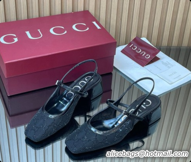 Top Grade Gucci GG Strass Mesh Slingbacks Pump 5.5cm with Strap Black 2026 GG030507