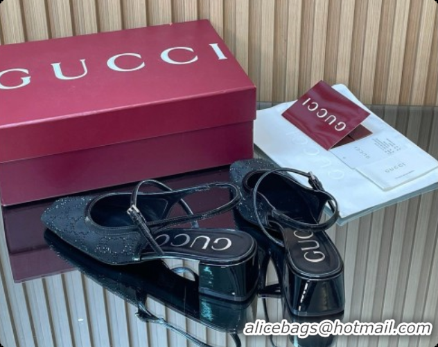 Top Grade Gucci GG Strass Mesh Slingbacks Pump 5.5cm with Strap Black 2026 GG030507