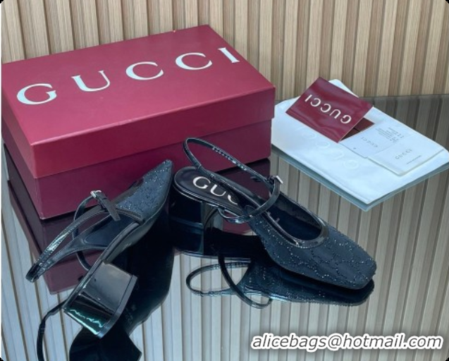 Top Grade Gucci GG Strass Mesh Slingbacks Pump 5.5cm with Strap Black 2026 GG030507