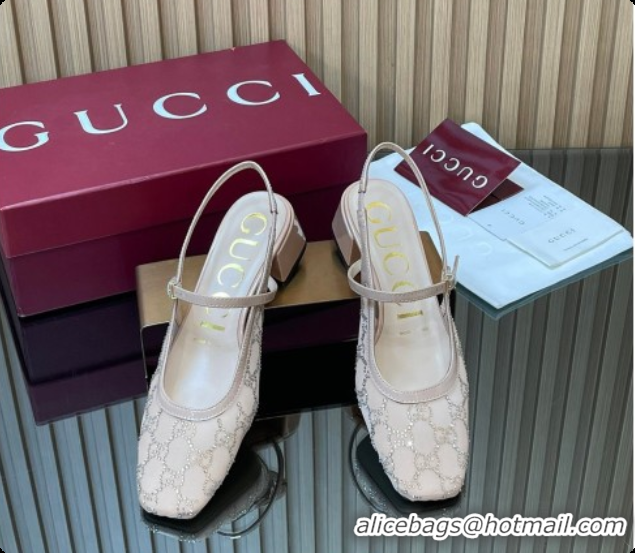 Good Product Gucci GG Strass Mesh Slingbacks Pump 5.5cm with Strap Nude 2026 GG030507