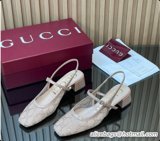Good Product Gucci GG Strass Mesh Slingbacks Pump 5.5cm with Strap Nude 2026 GG030507