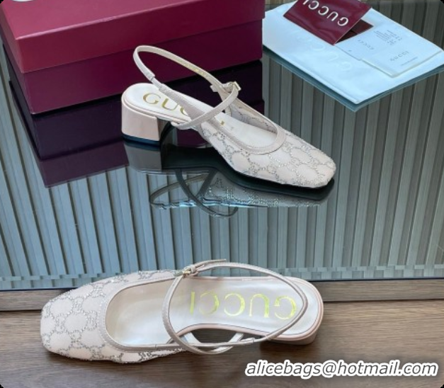 Good Product Gucci GG Strass Mesh Slingbacks Pump 5.5cm with Strap Nude 2026 GG030507