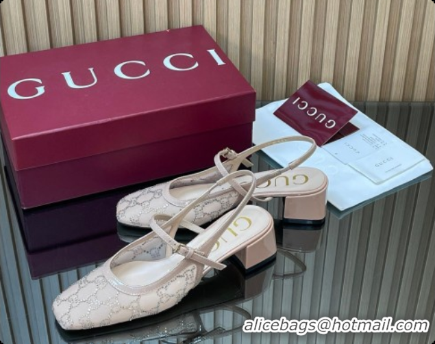Good Product Gucci GG Strass Mesh Slingbacks Pump 5.5cm with Strap Nude 2026 GG030507