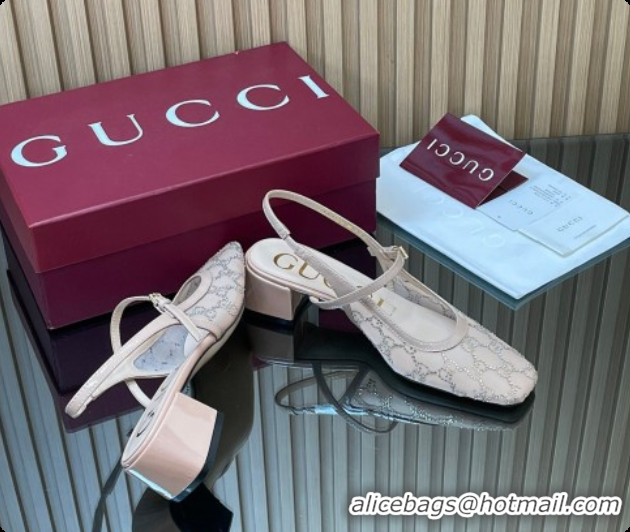 Good Product Gucci GG Strass Mesh Slingbacks Pump 5.5cm with Strap Nude 2026 GG030507