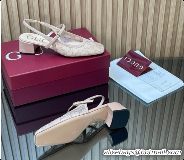 Good Product Gucci GG Strass Mesh Slingbacks Pump 5.5cm with Strap Nude 2026 GG030507