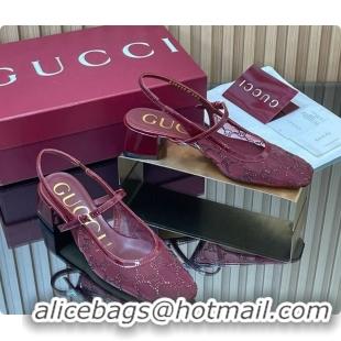 Sumptuous Gucci GG Strass Mesh Slingbacks Pump 5.5cm with Strap Burgundy 2026 GG030507