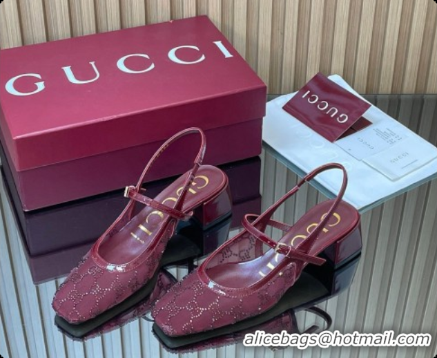 Sumptuous Gucci GG Strass Mesh Slingbacks Pump 5.5cm with Strap Burgundy 2026 GG030507