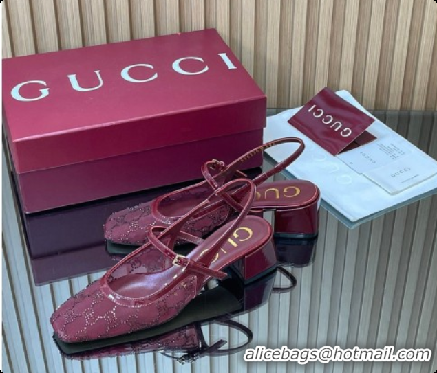 Sumptuous Gucci GG Strass Mesh Slingbacks Pump 5.5cm with Strap Burgundy 2026 GG030507