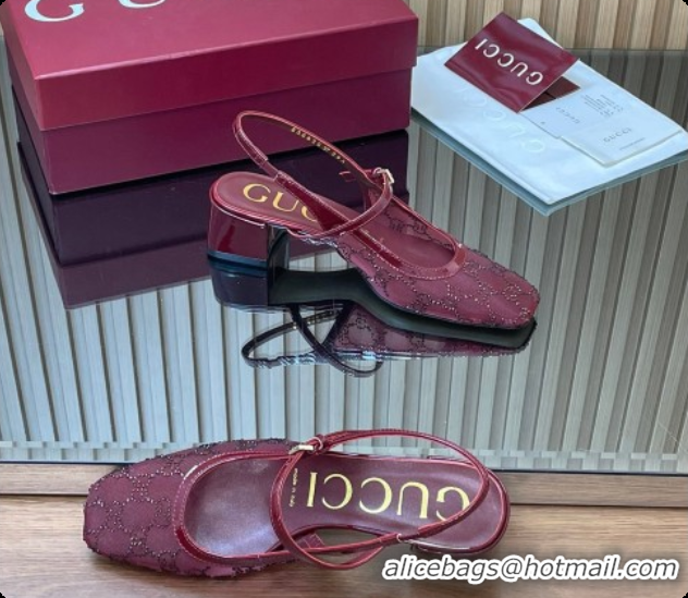 Sumptuous Gucci GG Strass Mesh Slingbacks Pump 5.5cm with Strap Burgundy 2026 GG030507