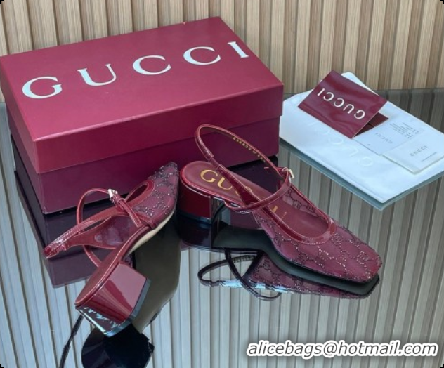Sumptuous Gucci GG Strass Mesh Slingbacks Pump 5.5cm with Strap Burgundy 2026 GG030507