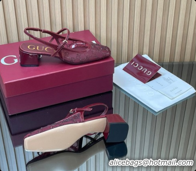 Sumptuous Gucci GG Strass Mesh Slingbacks Pump 5.5cm with Strap Burgundy 2026 GG030507