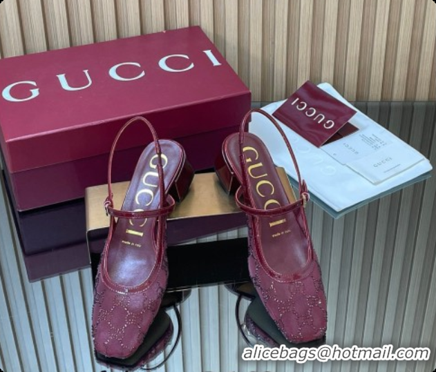 Sumptuous Gucci GG Strass Mesh Slingbacks Pump 5.5cm with Strap Burgundy 2026 GG030507