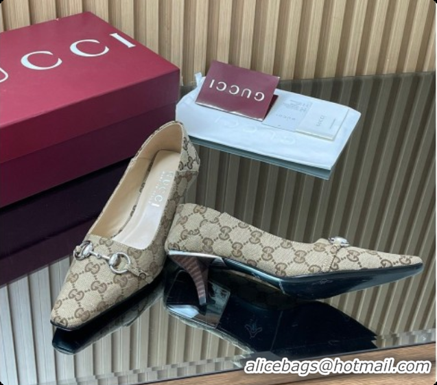Top Design Gucci Vittoria Pumps 5.5cm in GG Canvas with Horsebit Beige 2026 862776