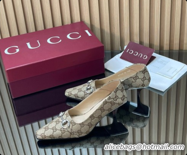 Top Design Gucci Vittoria Pumps 5.5cm in GG Canvas with Horsebit Beige 2026 862776