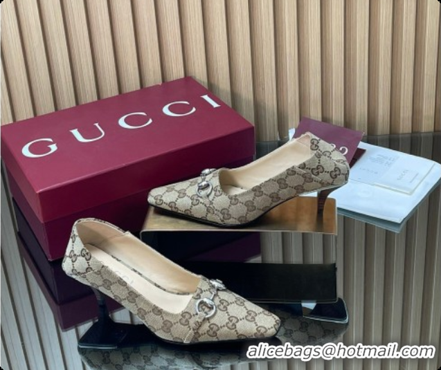 Top Design Gucci Vittoria Pumps 5.5cm in GG Canvas with Horsebit Beige 2026 862776