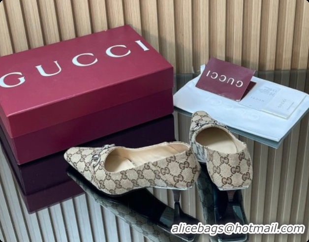 Top Design Gucci Vittoria Pumps 5.5cm in GG Canvas with Horsebit Beige 2026 862776