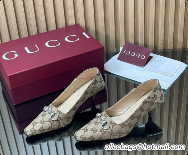 Top Design Gucci Vittoria Pumps 5.5cm in GG Canvas with Horsebit Beige 2026 862776