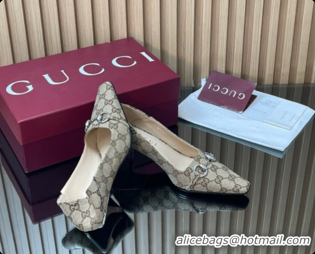 Top Design Gucci Vittoria Pumps 5.5cm in GG Canvas with Horsebit Beige 2026 862776