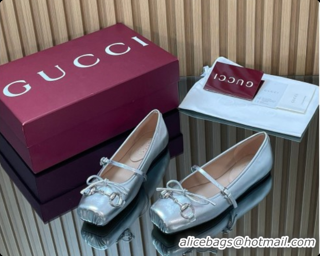 Big Discount Gucci Horsebit Ballets Flat in Silver-Tone Leather 2026 852381