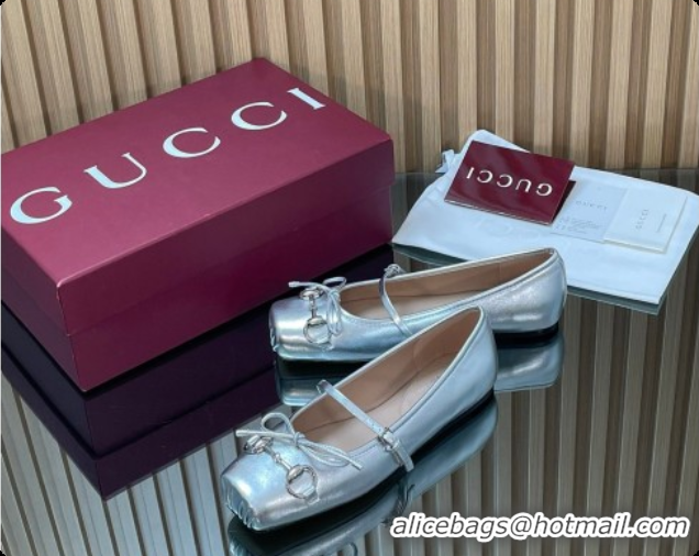 Big Discount Gucci Horsebit Ballets Flat in Silver-Tone Leather 2026 852381