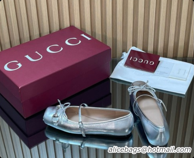 Big Discount Gucci Horsebit Ballets Flat in Silver-Tone Leather 2026 852381
