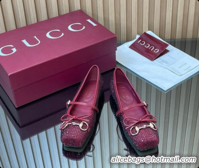 Buy Luxury Gucci Crystal Horsebit Ballets Flat Burgundy 2026 852381