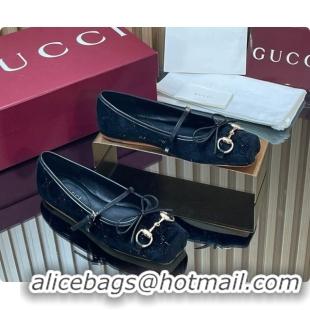 Good Quality Gucci Crystal Velvet Horsebit Ballets Flat Black 2026 814321