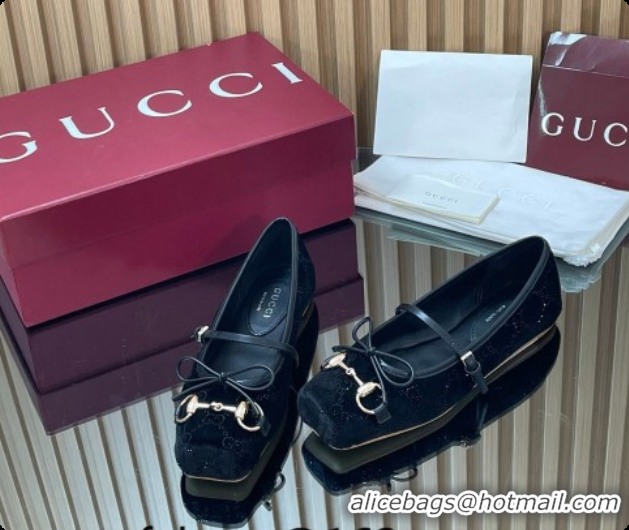 Good Quality Gucci Crystal Velvet Horsebit Ballets Flat Black 2026 814321