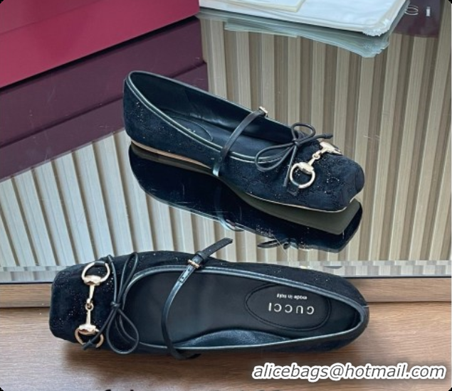 Good Quality Gucci Crystal Velvet Horsebit Ballets Flat Black 2026 814321
