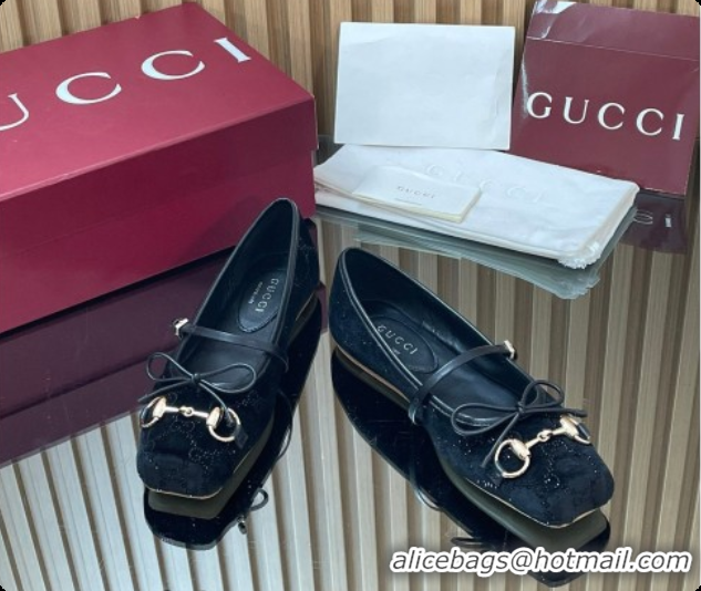 Good Quality Gucci Crystal Velvet Horsebit Ballets Flat Black 2026 814321