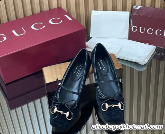 Good Quality Gucci Crystal Velvet Horsebit Ballets Flat Black 2026 814321