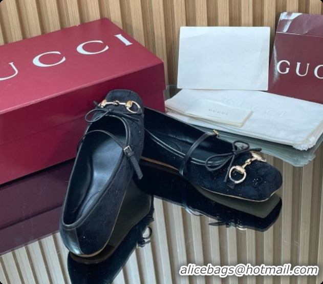 Good Quality Gucci Crystal Velvet Horsebit Ballets Flat Black 2026 814321