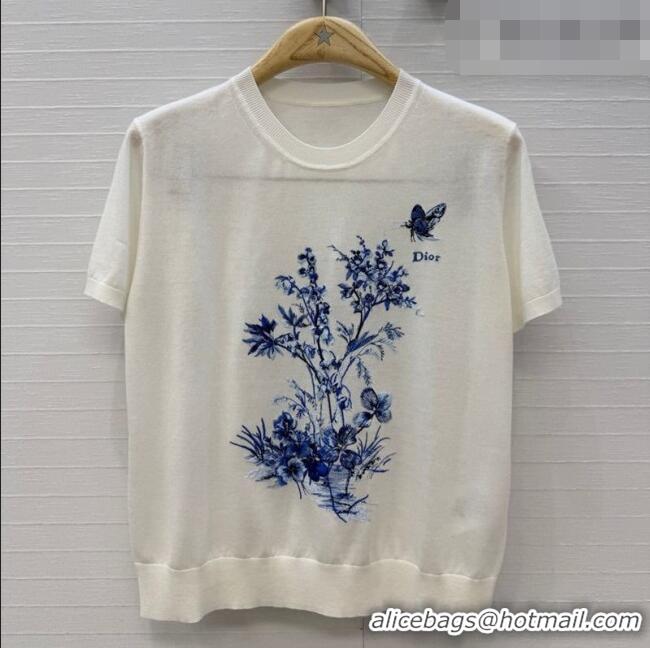 Most Popular Dior Knit Short-sleeved Sweater with embroidery DR042212 White/Blue 2026