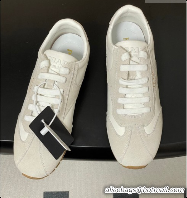 Perfect Prada Re-Nylon and suede laced sneakers White/Grey 2026 11E152O