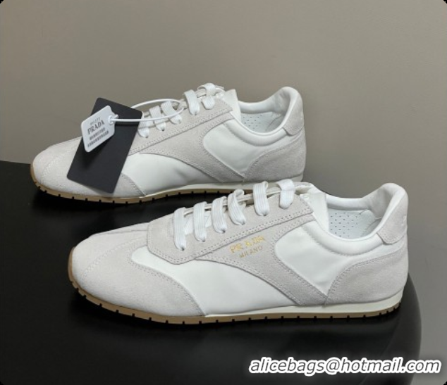 Perfect Prada Re-Nylon and suede laced sneakers White/Grey 2026 11E152O