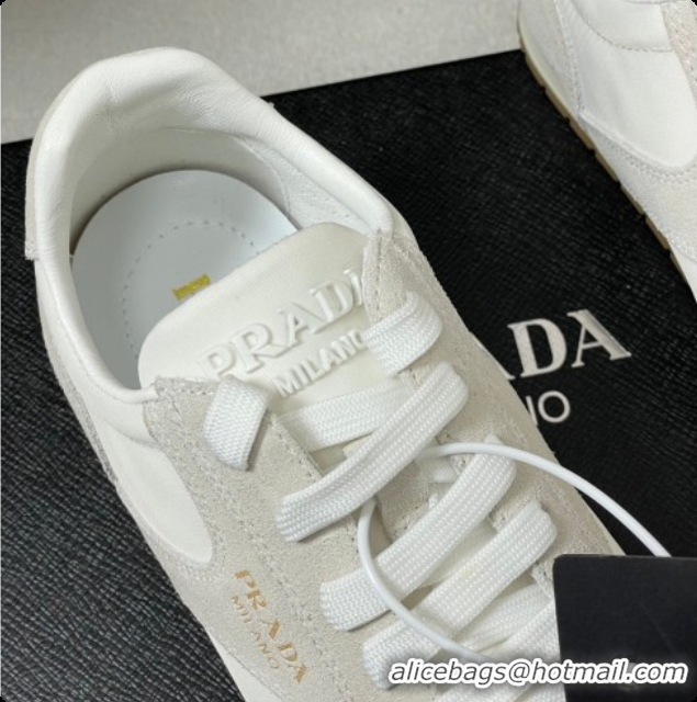 Perfect Prada Re-Nylon and suede laced sneakers White/Grey 2026 11E152O