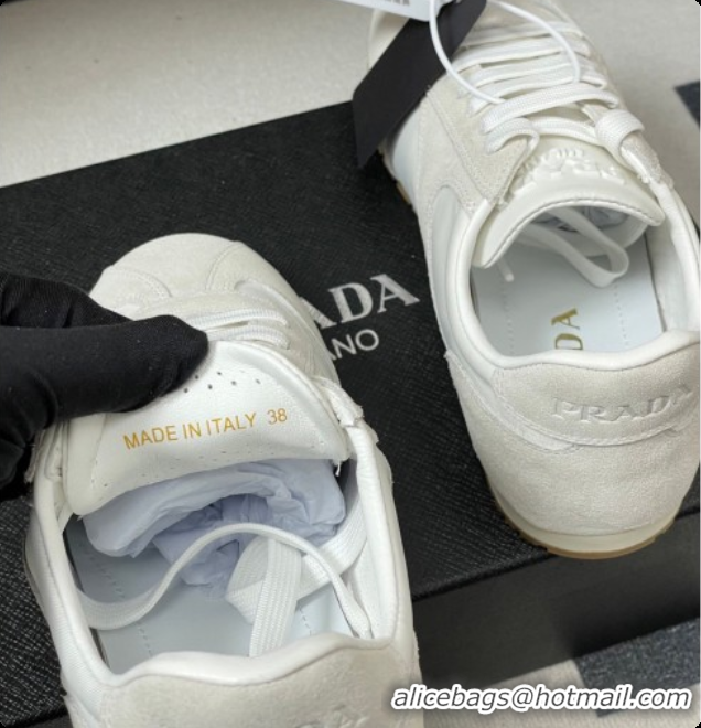 Perfect Prada Re-Nylon and suede laced sneakers White/Grey 2026 11E152O