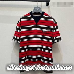 Top Grade Prada Striped Cotton T-Shirt PR032544 Red 2026